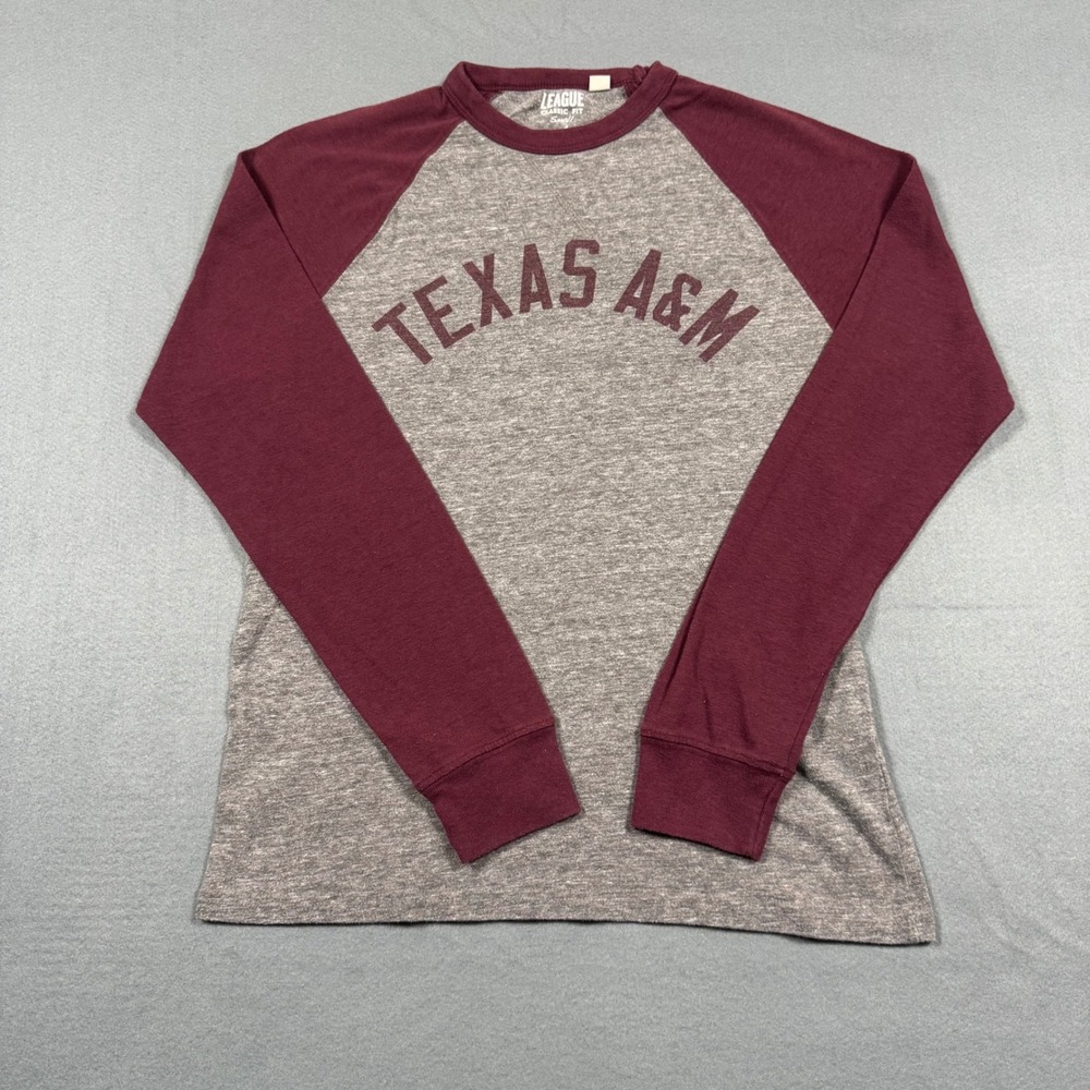 League Texas A&M Aggies Raglan Long Sleeve Shirt Gray Maroon Small Classic Fit
